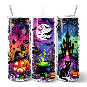 Neon Halloween Witch Scene 20oz Personalized Tumbler With Lid and Stainless Steel Straw, Colorful Spooky Gift Cup Tumbler OrnamentallyYou 
