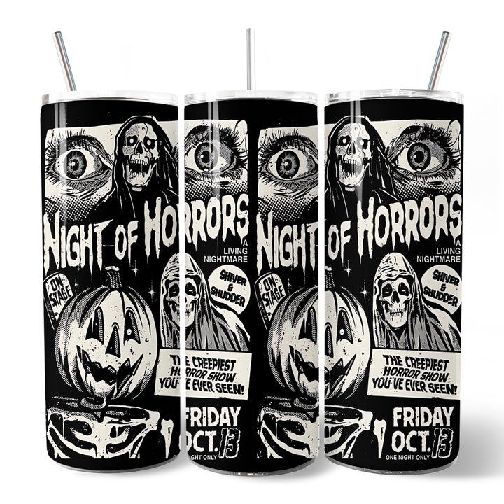 Night of Horrors Retro Halloween 20oz Personalized Tumbler With Lid and Stainless Steel Straw, Vintage Spooky Poster Gift Cup