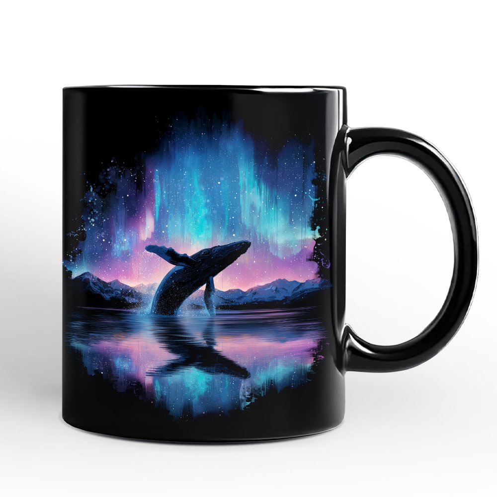 Ocean Aurora Whale Personalized Mug, Northern Lights Wildlife Gift with Custom Name Personalized Ceramic Mug OrnamentallyYou Black Non-Custom 