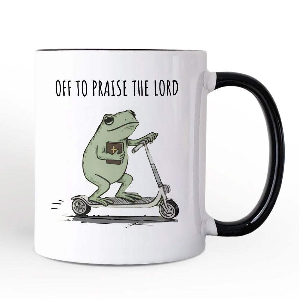 Off to Praise the Lord Funny Frog Personalized Mug, Christian Faith Humor Jesus Gift with Custom Name Personalized Ceramic Mug OrnamentallyYou Black Handle Non-Custom 