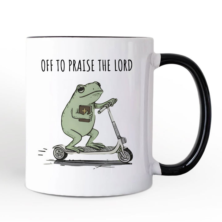 Off to Praise the Lord Funny Frog Personalized Mug, Christian Faith Humor Jesus Gift with Custom Name Personalized Ceramic Mug OrnamentallyYou Black Handle Non-Custom 