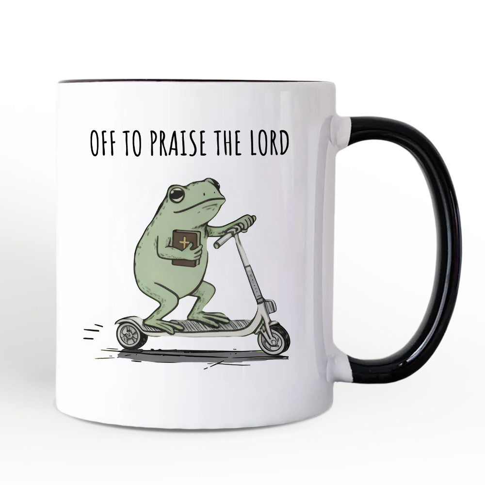 Off to Praise the Lord Funny Frog Personalized Mug, Christian Faith Humor Jesus Gift with Custom Name
