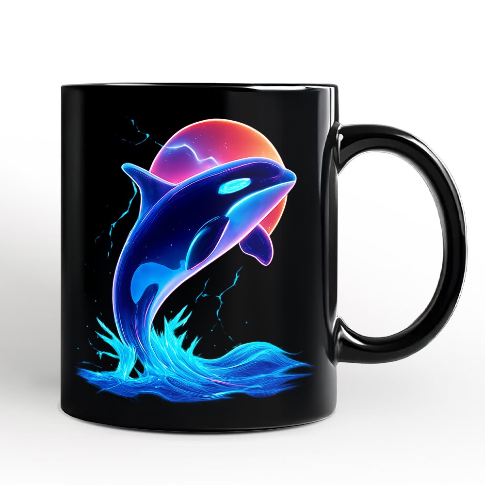 Orca Neon Synthwave Retro Personalized Mug, Vaporwave Sunset Ocean Gift with Custom Name Personalized Ceramic Mug OrnamentallyYou Black Non-Custom 