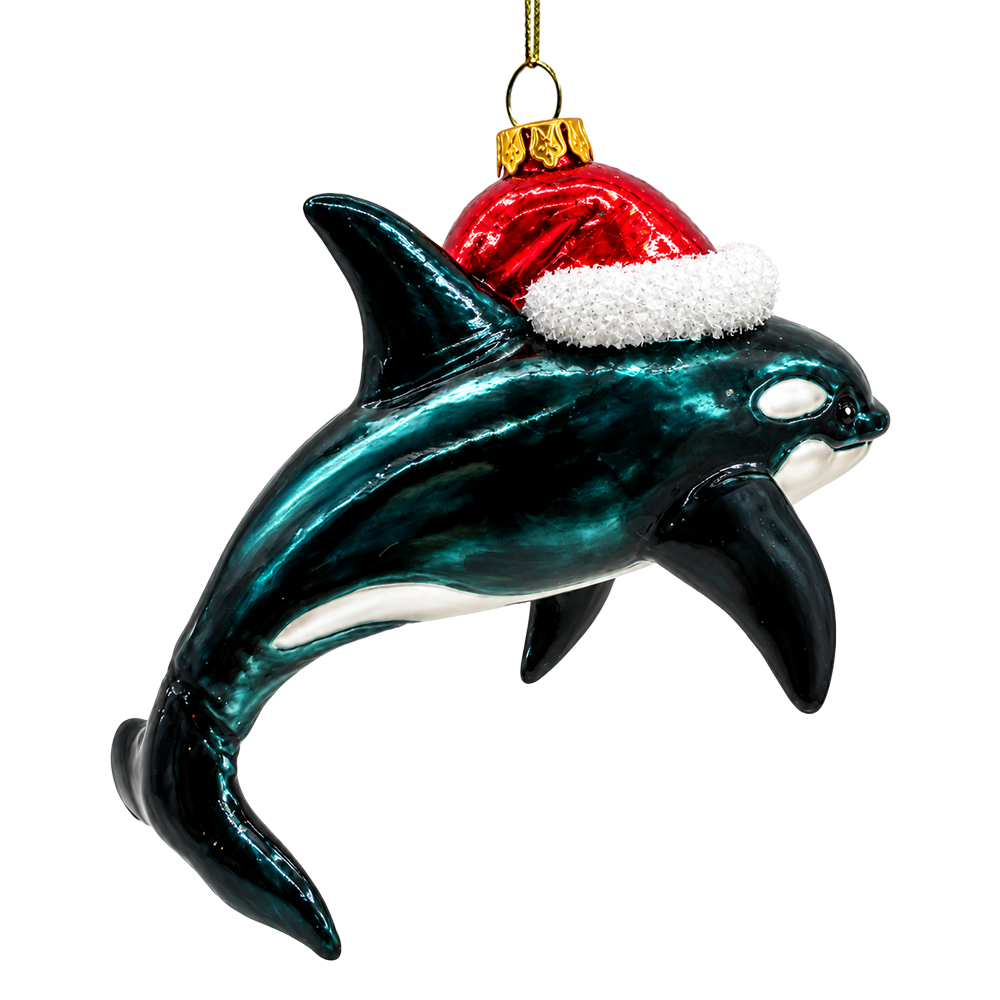 (PRE-ORDER) Orca Whale in Santa Hat Glass Christmas Ornament, Killer Whale Coastal Holiday Tree Decor