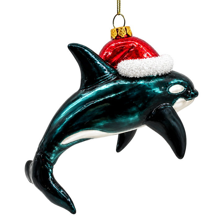 (PRE-ORDER) Orca Whale in Santa Hat Glass Christmas Ornament, Killer Whale Coastal Holiday Tree Decor