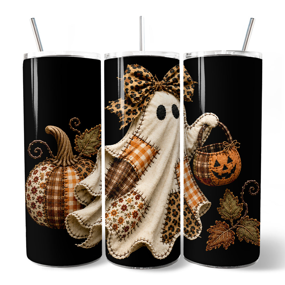Patchwork Ghost Leopard 20oz Personalized Tumbler With Lid and Stainless Steel Straw, Rustic Fall Halloween Gift Cup