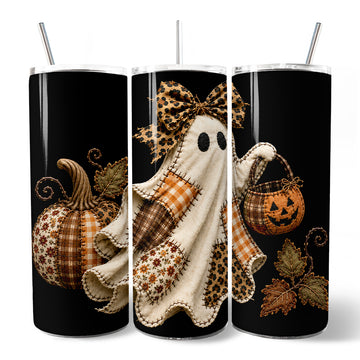 Patchwork Ghost Leopard 20oz Personalized Tumbler With Lid and Stainless Steel Straw, Rustic Fall Halloween Gift Cup