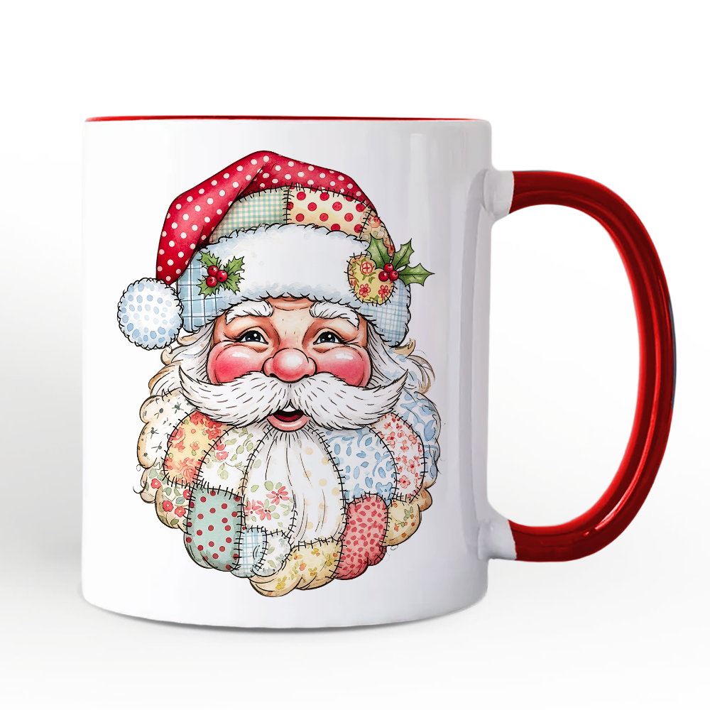 Patchwork Santa Claus Personalized Mug, Retro Christmas Holiday Gift with Custom Name