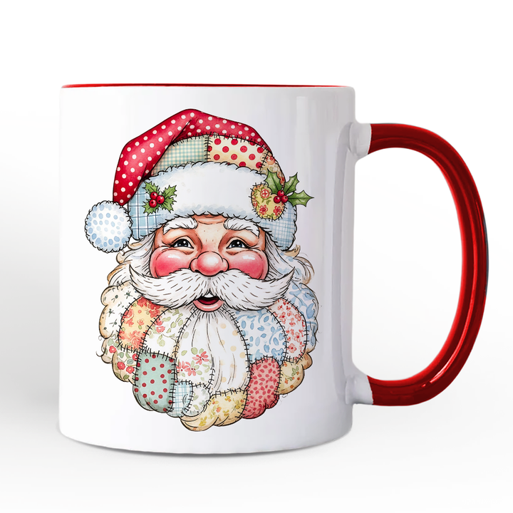 Patchwork Santa Claus Personalized Mug, Retro Christmas Holiday Gift with Custom Name