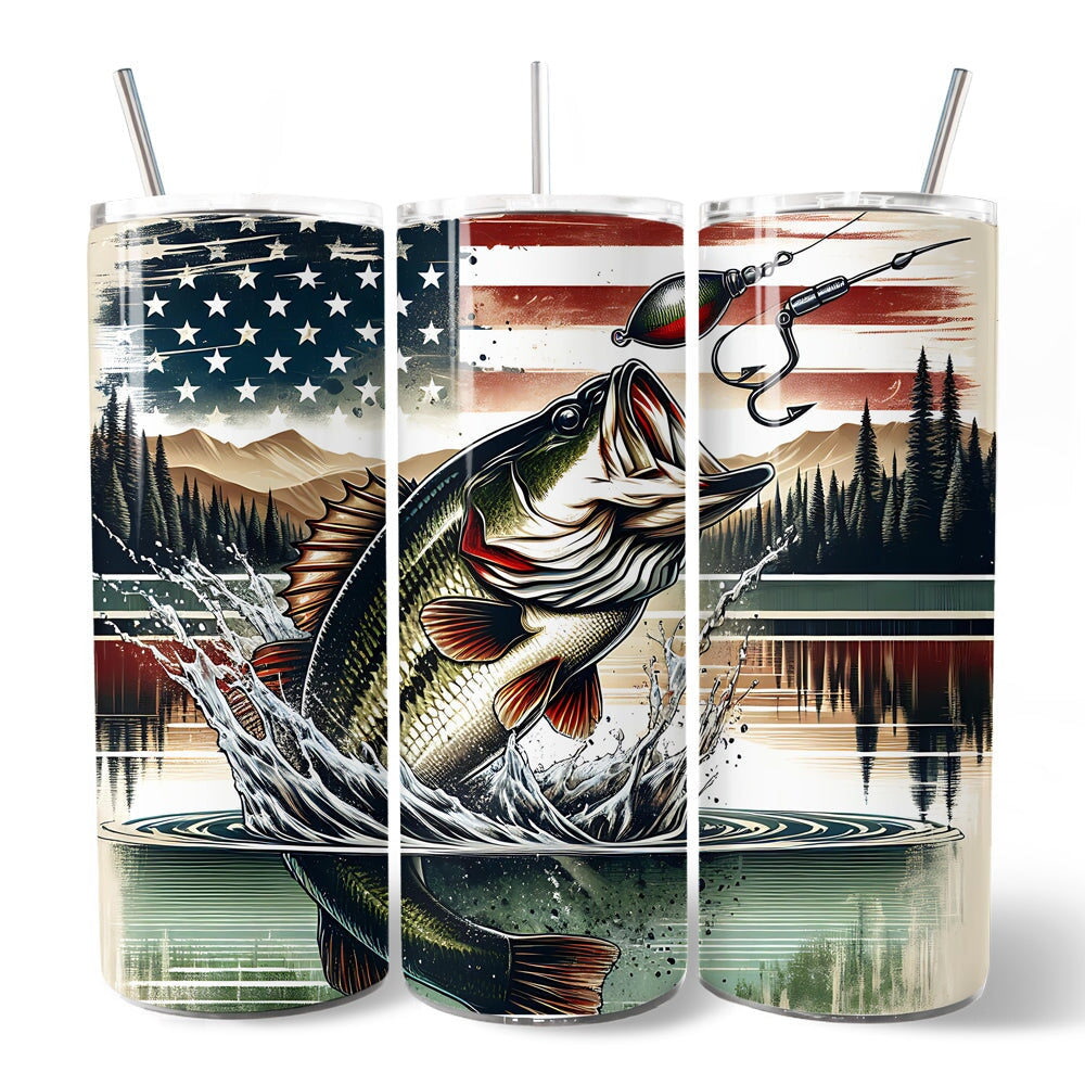Patriotic Bass Fishing 20oz Personalized Tumbler With Lid and Stainless Steel Straw, Retro Angler Gift Cup Tumbler OrnamentallyYou 