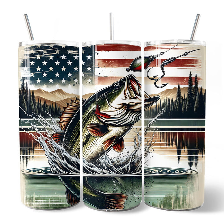 Patriotic Bass Fishing 20oz Personalized Tumbler With Lid and Stainless Steel Straw, Retro Angler Gift Cup Tumbler OrnamentallyYou 