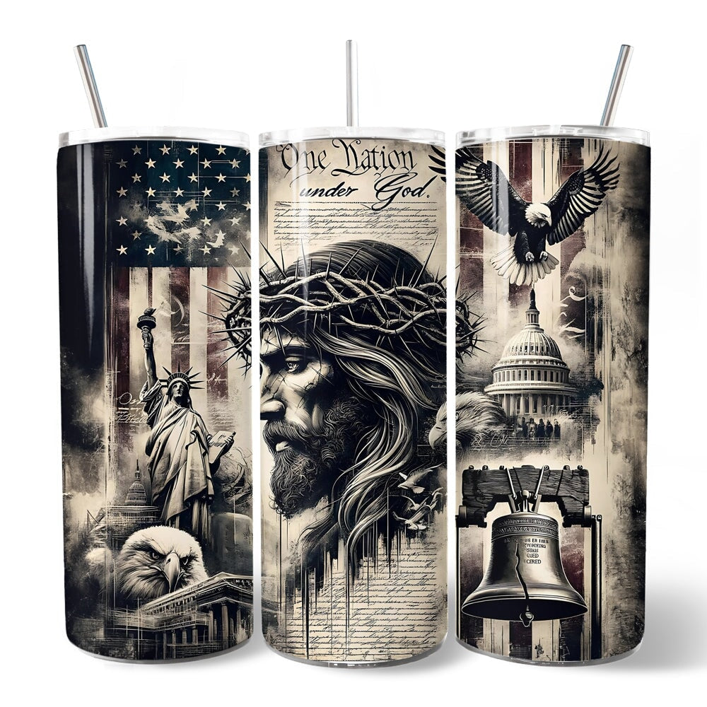 Patriotic Christian 20oz Personalized Tumbler With Lid and Stainless Steel Straw, One Nation Under God Gift Cup Tumbler OrnamentallyYou 