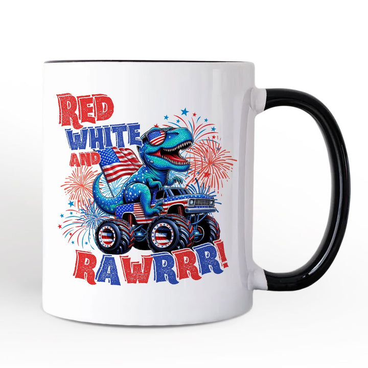 Patriotic Dinosaur Monster Truck Personalized Mug, Red White and Rawrr 4th of July Gift with Custom Name Personalized Ceramic Mug OrnamentallyYou Black Handle Non-Custom 