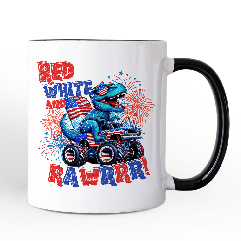Patriotic Dinosaur Monster Truck Personalized Mug, Red White and Rawrr 4th of July Gift with Custom Name