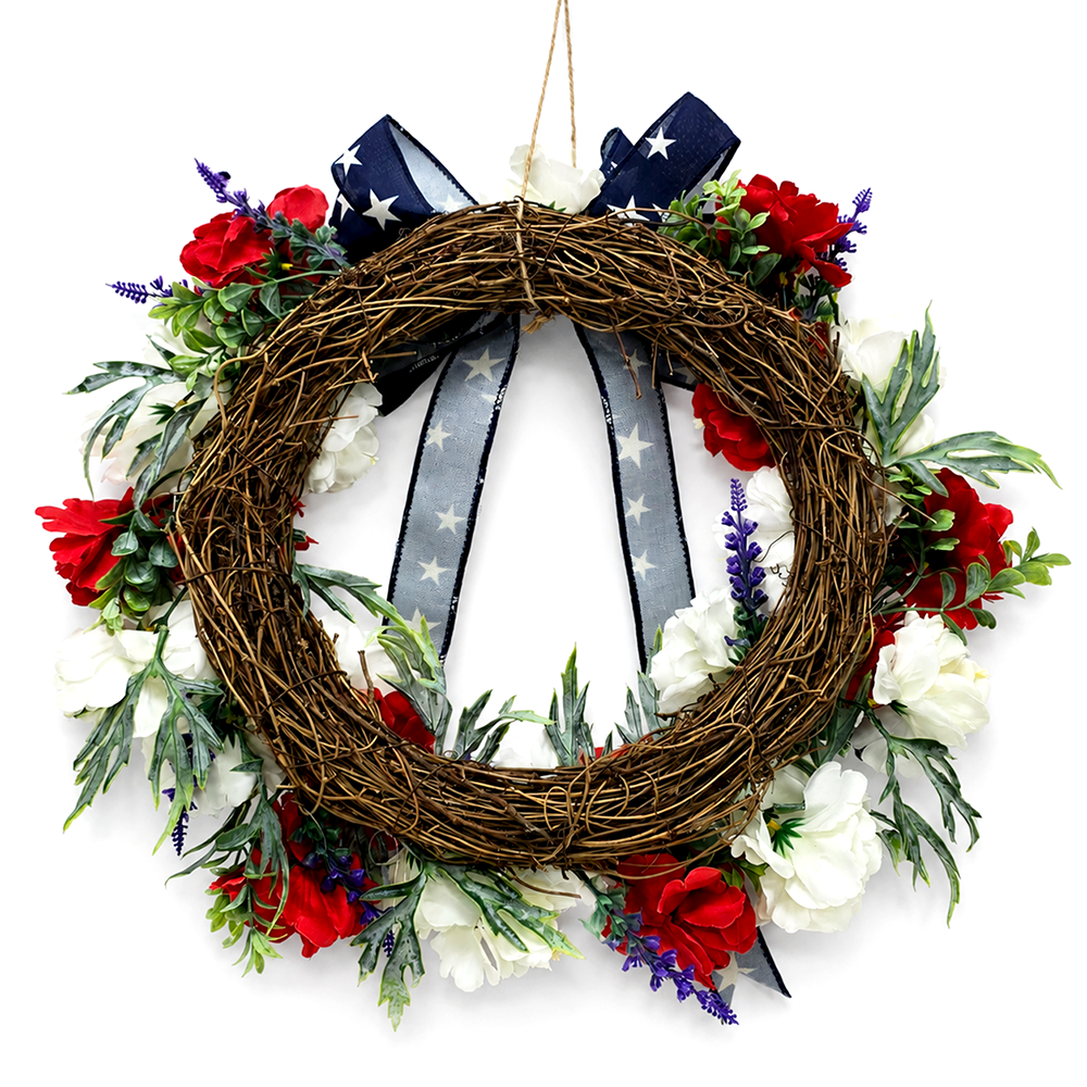 Patriotic Red White & Blue 18" Floral Wreath with Star Bow