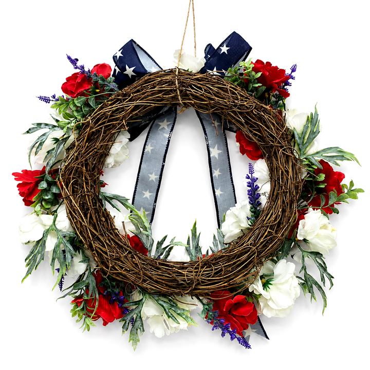 Patriotic Red White & Blue 18" Floral Wreath with Star Bow