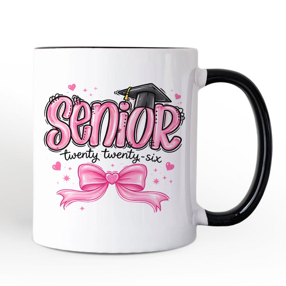 Pink Coquette Senior Class of 2026 Personalized Mug, Graduation Gift with Custom Name Personalized Ceramic Mug OrnamentallyYou Black Handle Non-Custom 