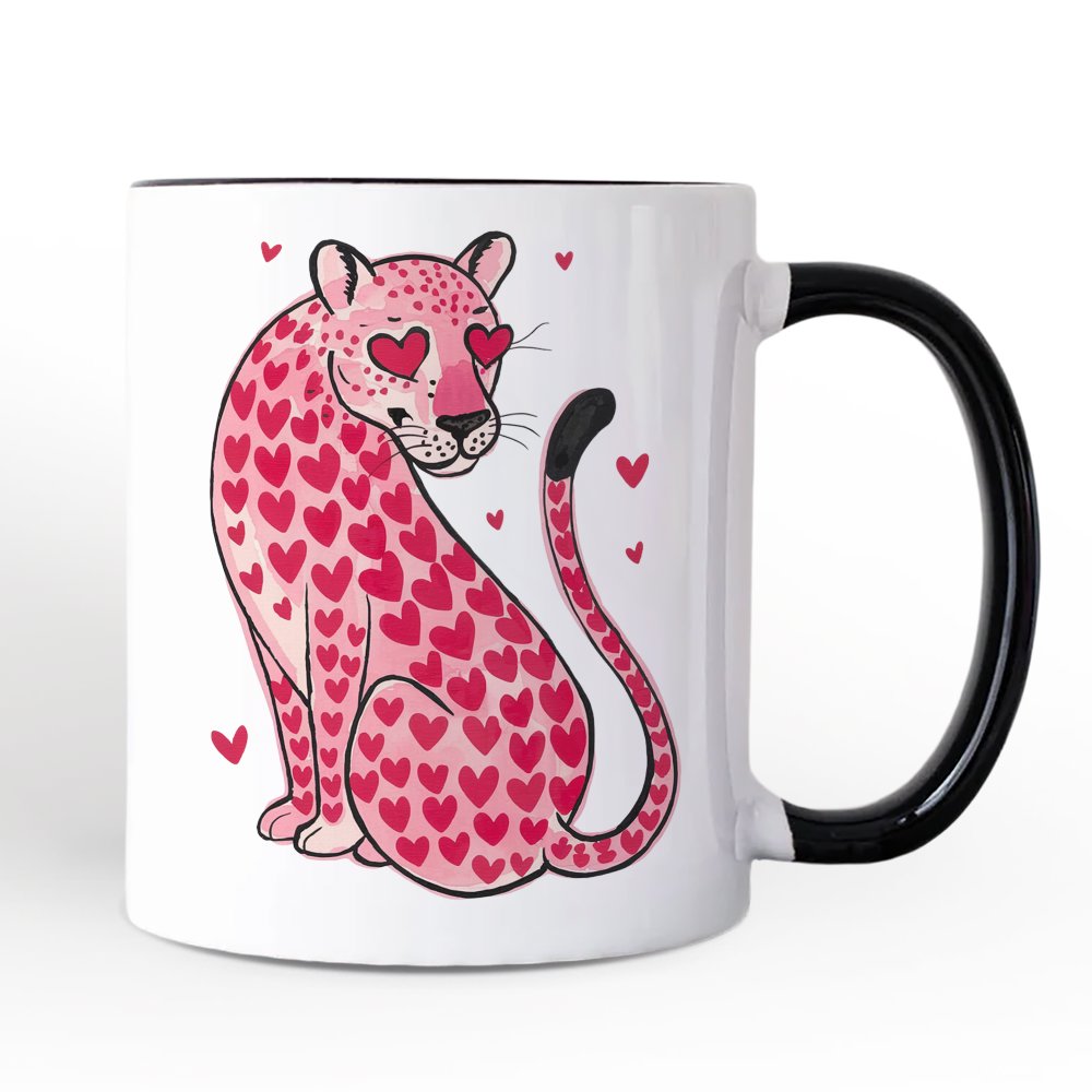 Pink Leopard Valentine Personalized Mug, Cute Love Hearts Gift with Custom Name Personalized Ceramic Mug OrnamentallyYou Black Handle Non-Custom 