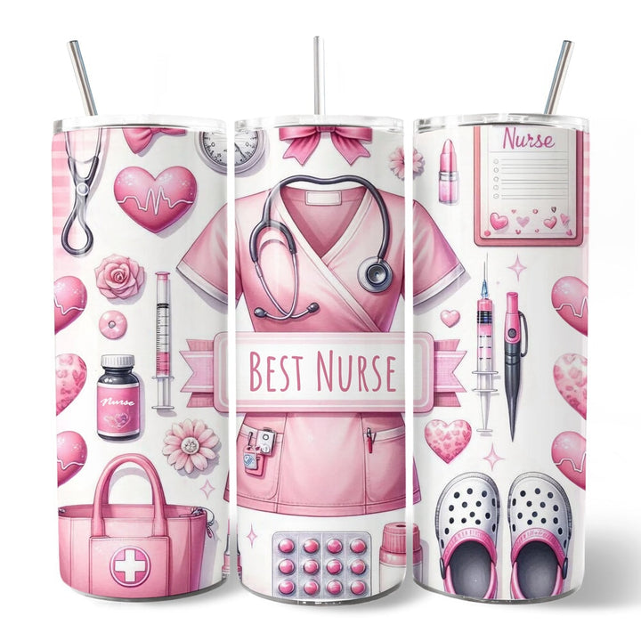 Pink Nurse Life 20oz Personalized Tumbler With Lid and Stainless Steel Straw, Medical Worker Appreciation Gift Cup Tumbler OrnamentallyYou 