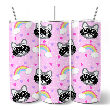 Pink Raccoon Rainbow Pattern 20oz Personalized Tumbler With Lid and Stainless Steel Straw, Colorful Woodland Animal Gift Cup