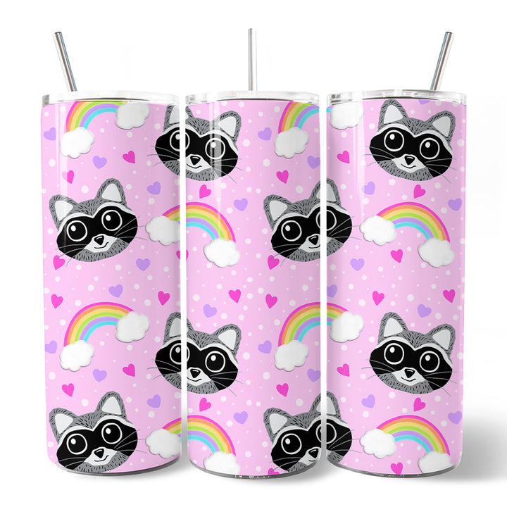 Pink Raccoon Rainbow Pattern 20oz Personalized Tumbler With Lid and Stainless Steel Straw, Colorful Woodland Animal Gift Cup