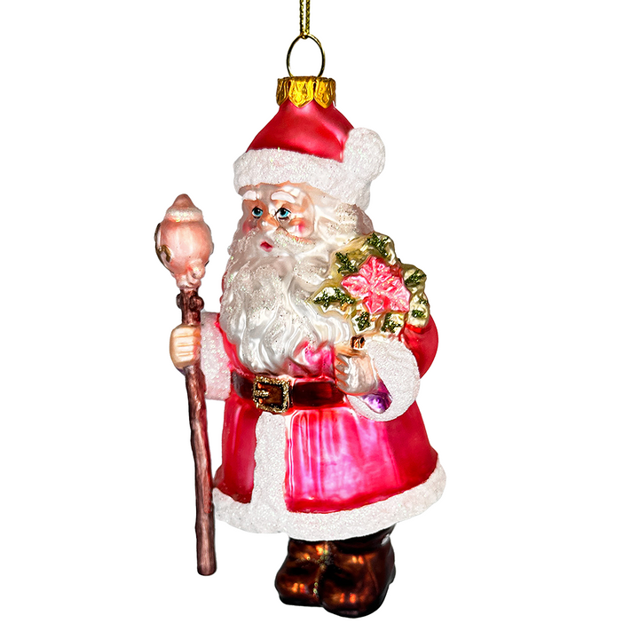 (Pre-Order) Pink Santa with Sceptor and Flowers Glass Christmas Ornament, Retro Tree Decor