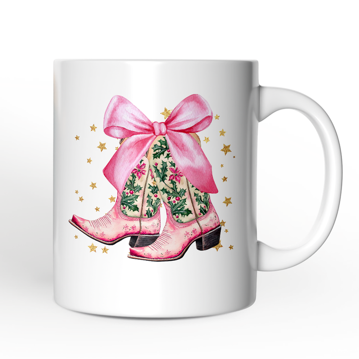 Pink Western Coquette Cowgirl Boots Personalized Mug, Country Holiday Gift with Custom Name