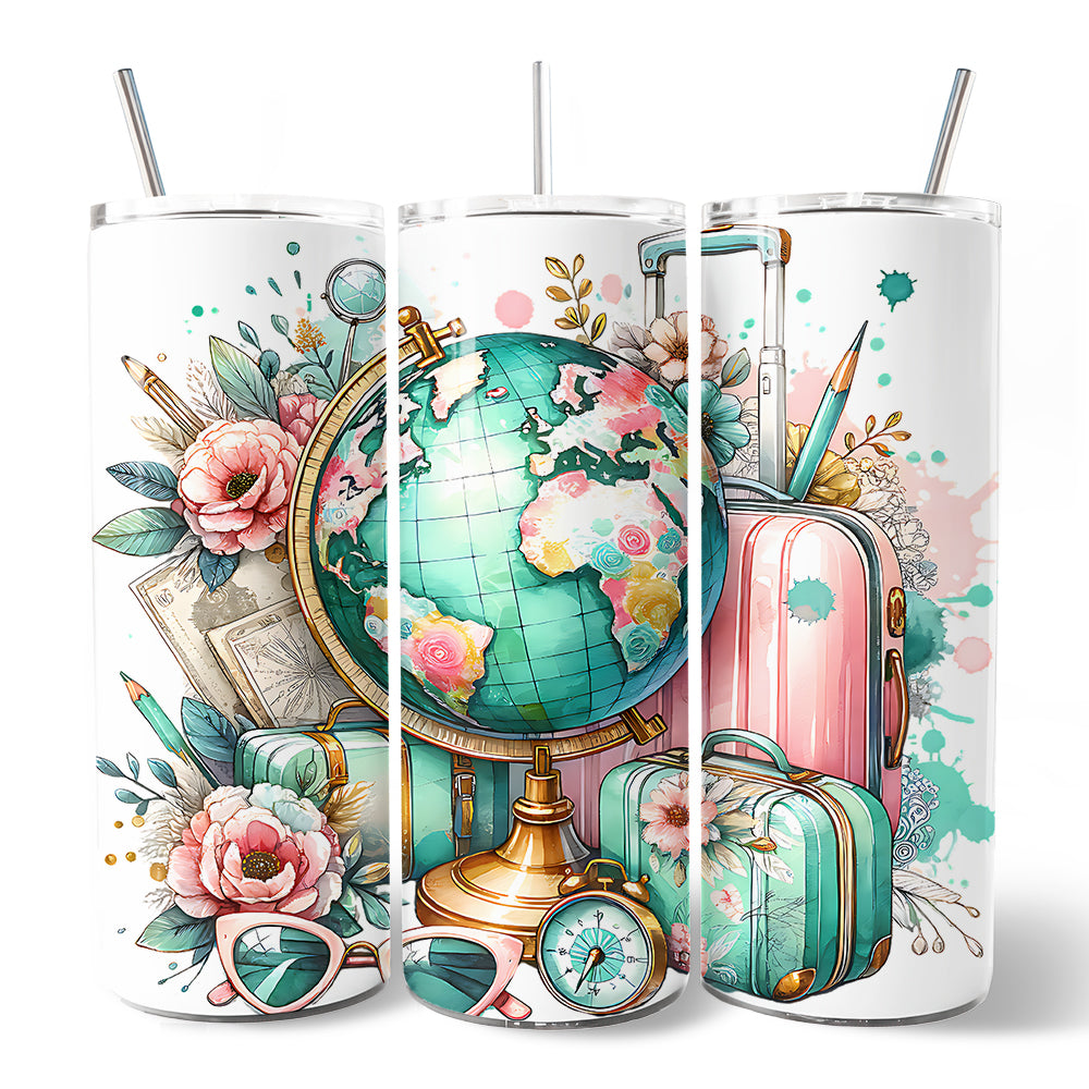 Pink and Teal Wanderlust Girl 20oz Personalized Tumbler With Lid and Stainless Steel Straw, Floral Traveler Adventurer Gift Cup