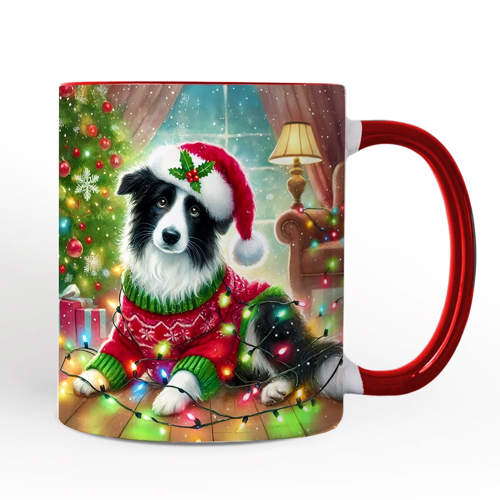Playful Border Collie with Santa Hat Personalized Mug, Festive Canine Christmas Gift with Custom Name Personalized Ceramic Mug OrnamentallyYou White - Red Non-Custom 