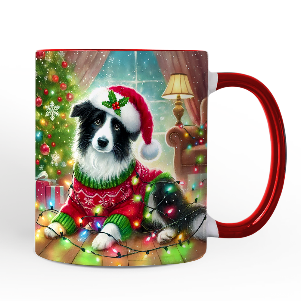 Playful Border Collie with Santa Hat Personalized Mug, Festive Canine Christmas Gift with Custom Name