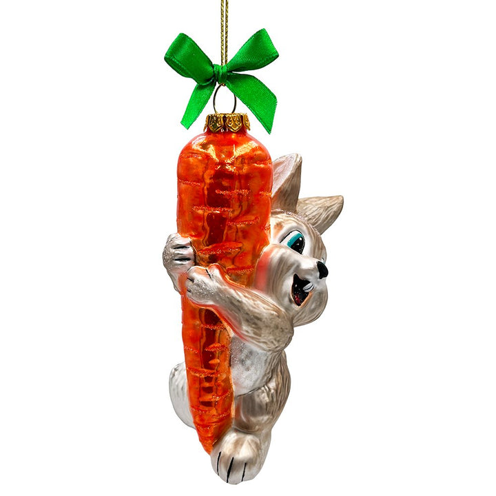 (Pre-Order) Playful Bunny Hanging on Carrot Glass Ornament, Christmas Gift for Kids Glass Ornament OrnamentallyYou 