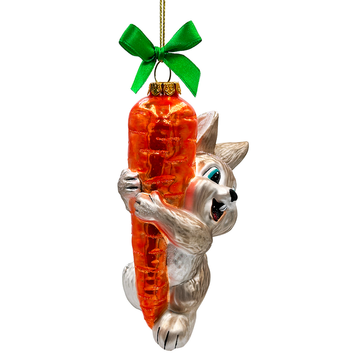 (Pre-Order) Playful Bunny Hanging on Carrot Glass Ornament, Christmas Gift for Kids
