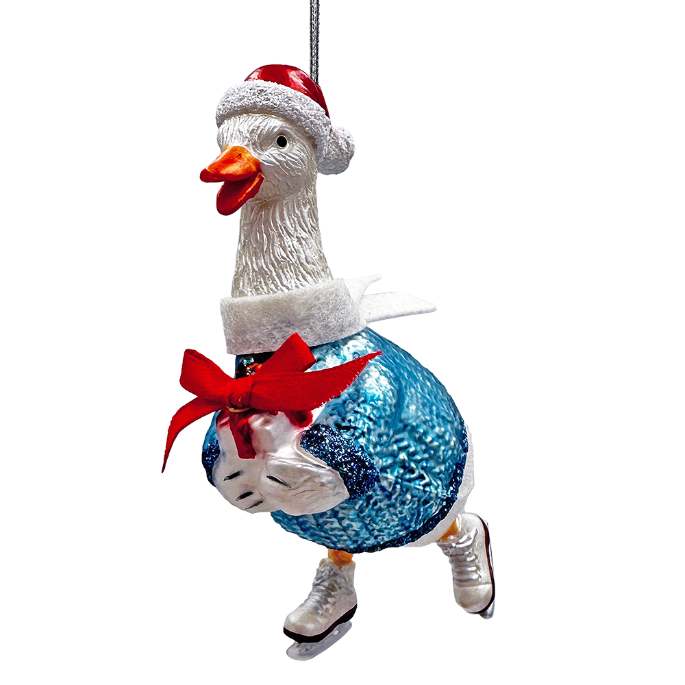 (Pre-Order) Playful Goose in Skates Glass Christmas Ornament, Whimsical Cute Duck Tree Decor