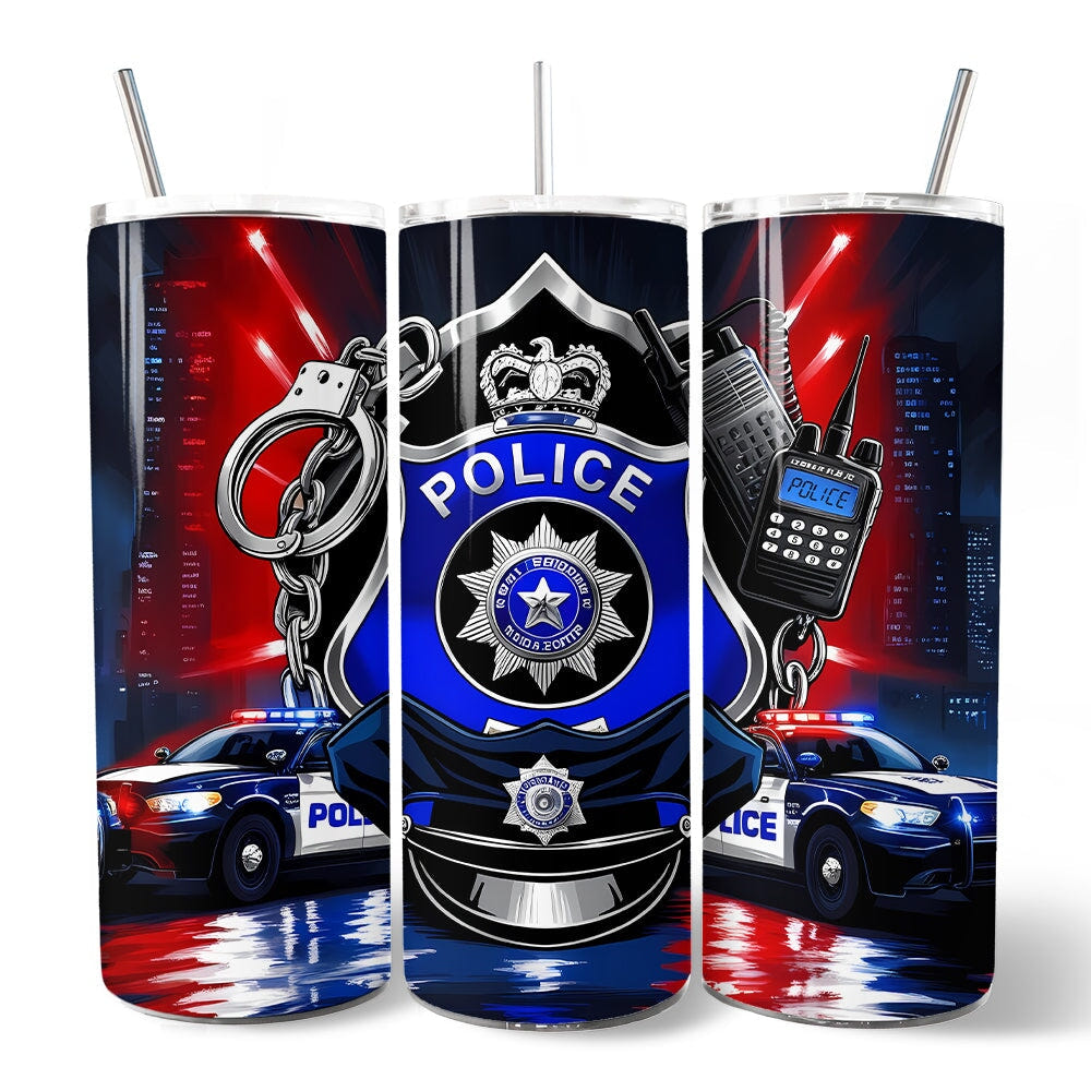 Police Badge and Patrol Car 20oz Personalized Tumbler With Lid and Stainless Steel Straw, Law Enforcement Appreciation Gift Cup Tumbler OrnamentallyYou 
