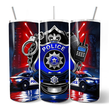 Police Badge and Patrol Car 20oz Personalized Tumbler With Lid and Stainless Steel Straw, Law Enforcement Appreciation Gift Cup Tumbler OrnamentallyYou 