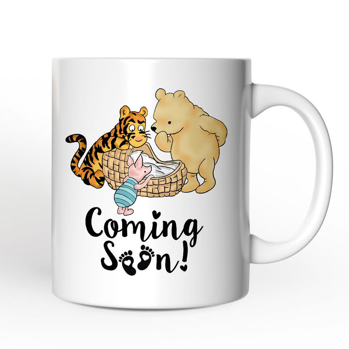 Pregnancy Announcement With Pooh & Tiger Personalized Mug, Coming Soon Gift for Expecting Moms with Custom Name Personalized Ceramic Mug OrnamentallyYou White Non-Custom 