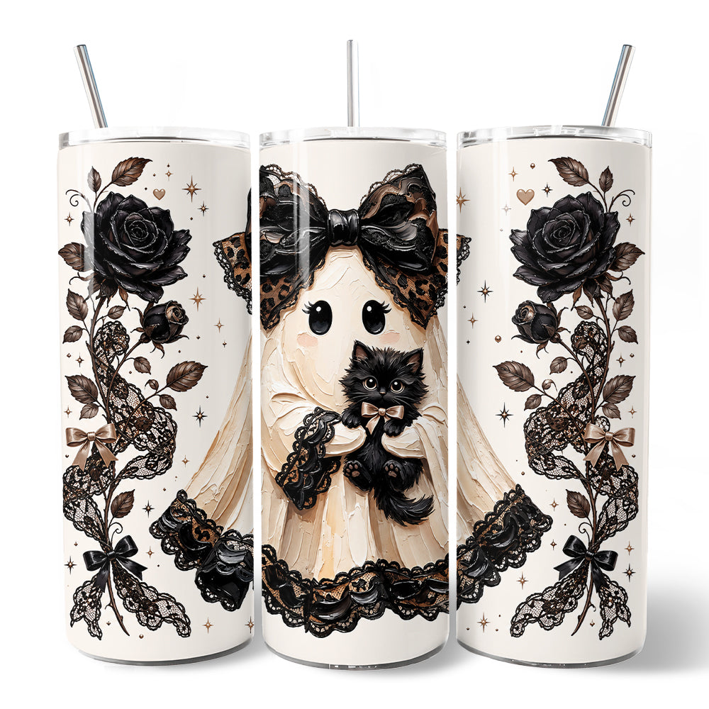 Preppy Ghost With Black Cat 20oz Personalized Tumbler With Lid and Stainless Steel Straw, Coquette Gothic Halloween Gift Cup
