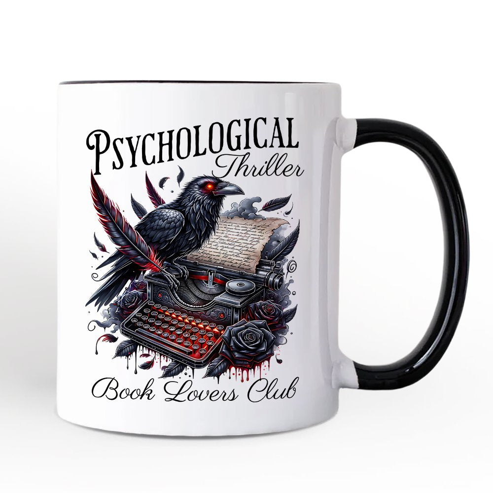 Psychological Thriller Book Lovers Club Personalized Mug, Gothic Raven Typewriter Bookish Gift with Custom Name Personalized Ceramic Mug OrnamentallyYou Black Handle Non-Custom 
