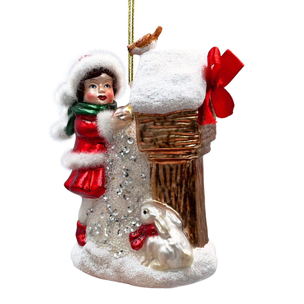 (Pre-Order) Quaint Little Winter Girl Feeding the Birds Glass Christmas Ornament, Cardinal Birdhouse Tree Decor