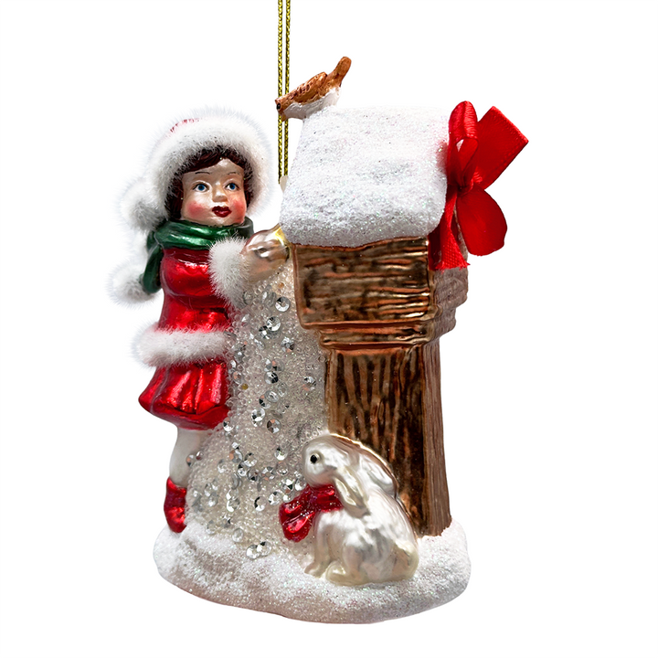 (Pre-Order) Quaint Little Winter Girl Feeding the Birds Glass Christmas Ornament, Cardinal Birdhouse Tree Decor