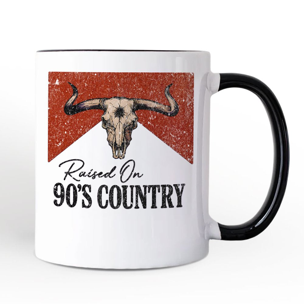 Raised On 90s Country Personalized Mug, Vintage Bull Skull Gift with Custom Name Personalized Ceramic Mug OrnamentallyYou Black Handle Non-Custom 