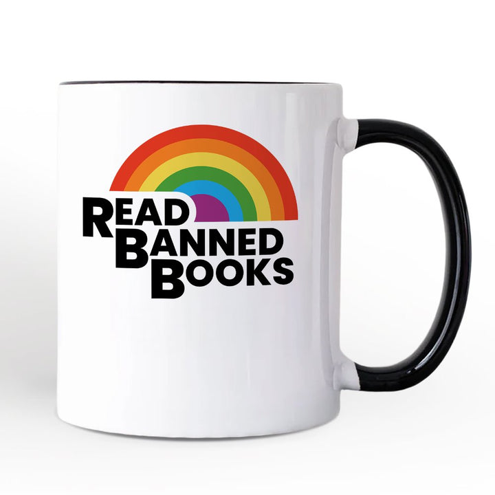 Read Banned Books Rainbow Retro Personalized Mug, Bookish Freedom Gift with Custom Name Personalized Ceramic Mug OrnamentallyYou Black Handle Non-Custom 