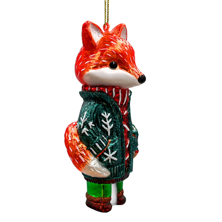 Red Nordic Fox in Sweater Glass Ornament, Scandinavian Christmas Tree Decor