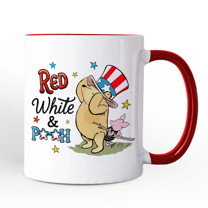 Red White & Proud Personalized Mug, Patriotic 4th of July Celebration Pooh Bear Gift with Custom Name