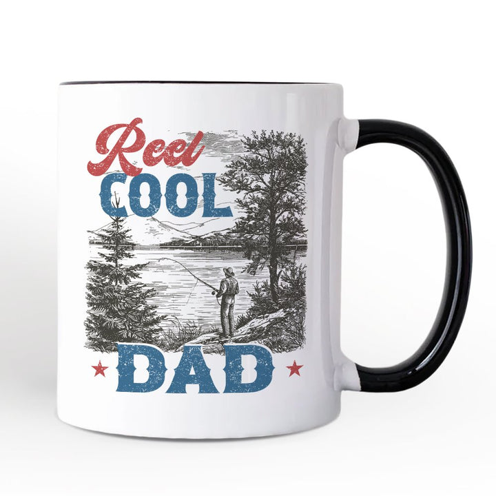 Reel Cool Dad Fishing Personalized Mug, Funny Vintage Fisherman Fatherhood Gift with Custom Name Personalized Ceramic Mug OrnamentallyYou White - Black Non-Custom 