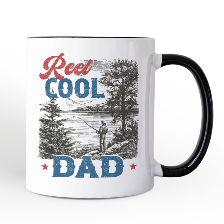 Reel Cool Dad Fishing Personalized Mug, Funny Vintage Fisherman Fatherhood Gift with Custom Name