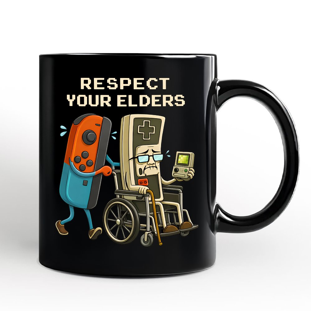 Respect Your Elders Gaming Controller Personalized Mug, Old School Gamer Humor Gift with Custom Name Personalized Ceramic Mug OrnamentallyYou Black Non-Custom 