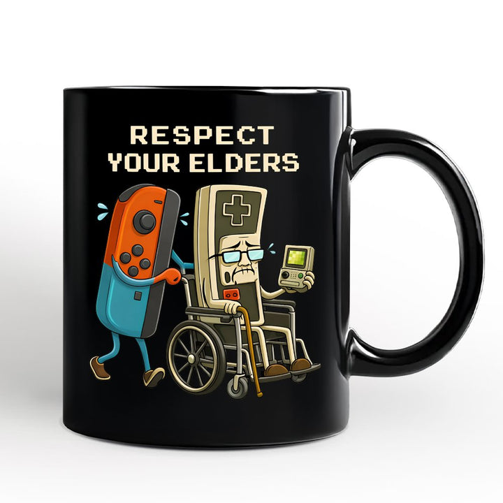 Respect Your Elders Gaming Controller Personalized Mug, Old School Gamer Humor Gift with Custom Name Personalized Ceramic Mug OrnamentallyYou Black Non-Custom 