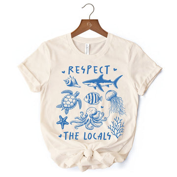 Respect the Locals Ocean Animals T-Shirt, Cute White and Natural Vacation Tee T-Shirts OrnamentallyYou 