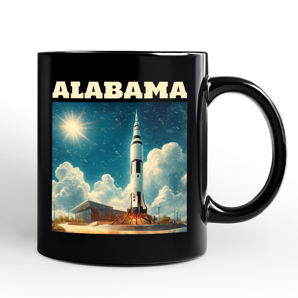 Retro Alabama State Rocket Launch Personalized Mug, NASA Space Center Gift and Huntsville Souvenir with Custom Name